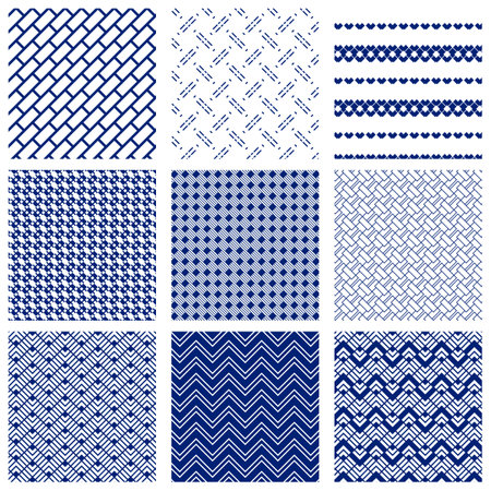Collection of geometrical seamless patterns in navy blue and white. Abstract vector illustration for wallpaper, flyer, cover, banner, design template minimalistic ornament. Eps 10のイラスト素材