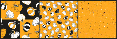 Set of Halloween seamless pattern with pumpkins in white, black and orange colors. Vector repeated backgrounds for wrapping paper, textile, cards, decoration, banners and other designs. Eps 10のイラスト素材