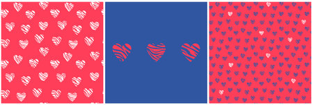 Set of vector seamless patterns with zebra stripes hearts in navy blue and red. Abstract...