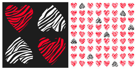 Set of seamless patterns with zebra stripes hearts in dark gray and red colors. Abstract animal zebra skin print for textile, paper, cover, fabric, interior decoration. Eps 10のイラスト素材