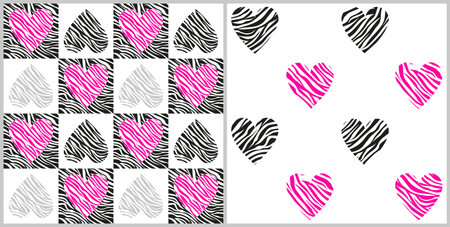 Vector seamless patterns with zebra stripes hearts in gray and pink colors. Abstract illustration with animal zebra skin print for textile, paper, cover, fabric, interior decoration. Eps 10のイラスト素材