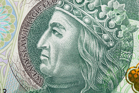 Polish one hundred zlotys, PLN 100. Macro of Wladyslaw II Jagiello face on Polish money. Top view