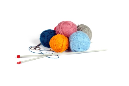 Color balls of thread and needles, isolated on whiteの写真素材