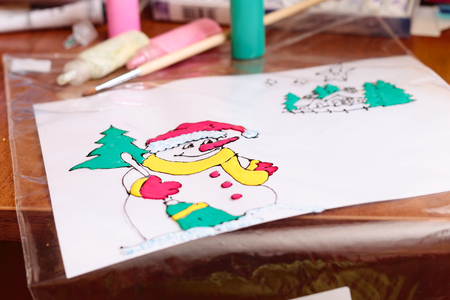 A handicraft christmas picture with snowman, close-upの写真素材