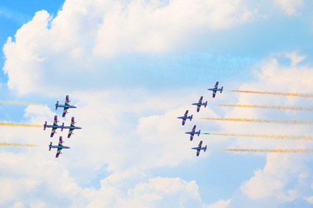 Zhukovsky - Russia, August 12, 2012  Group of italian airplanes Frecce Tricolori on airshow on 100th...