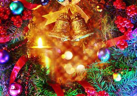 Composition with Christmas decorations on bokeh backgroundの写真素材