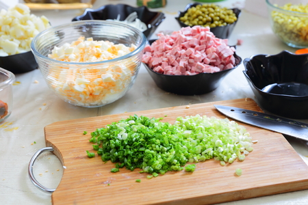 Ingredients for preparing russian traditional salad Olivierの写真素材