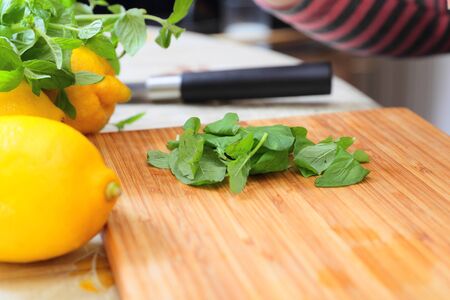 Preparing fresh homemade lemonade, lemon and fresh mint on a cutting boardの写真素材