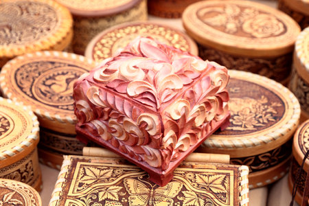 vintage wooden casket with carved floral ornamentの写真素材