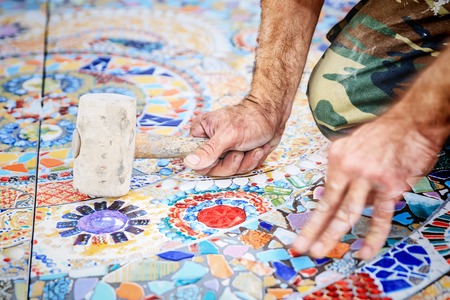 Laying floor ceramic tileの写真素材