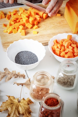 Ingredients and spices for pumpkin soup preparingの写真素材