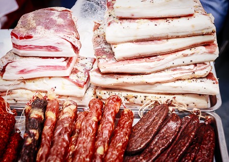 various tasty meat delicacy, bacon, sausages ham