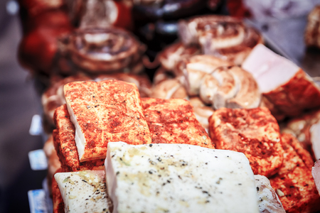 various tasty meat delicacy, bacon, sausages ham, selective focusの写真素材