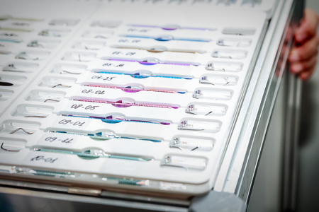 set of new metal dentist tools, selective focusの写真素材