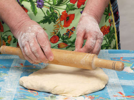Hands of woman baker kneading dough     