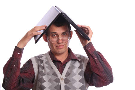 The man with the notebook on the head on white