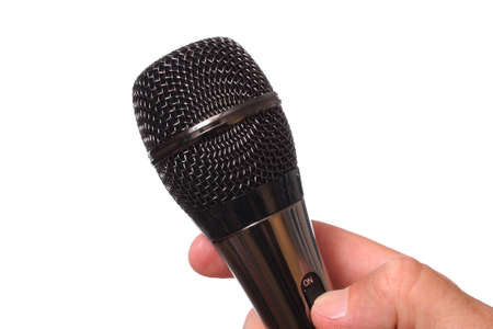 Microphone in the man's hand on whiteの写真素材
