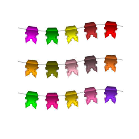 Festive Colourful small flags hang on line. Colourful tags. Vector illustration. Isolated on white background. EPS-10. Open paths expanded.のイラスト素材