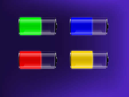 Colourful transparent batteries with indication of charge. illustration.  Transparency and transparency masks used.のイラスト素材