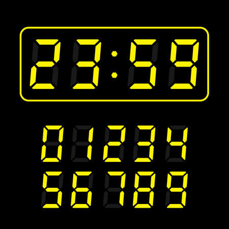 set of yellow led digital clock number isolated on black background. electronic figures for counter or calculator mockup interface design.のイラスト素材