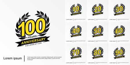 Set of 10-100th years anniversary celebration emblem. anniversary logo isolated with red ribbon and laurel wreath. vector illustrationのイラスト素材
