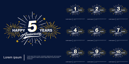 Set of 1-10th years happy anniversary celebration emblem logo with fireworks, sparkle, twinkle and stars. vector illustration template design for web, flyers, poster, greeting cardのイラスト素材