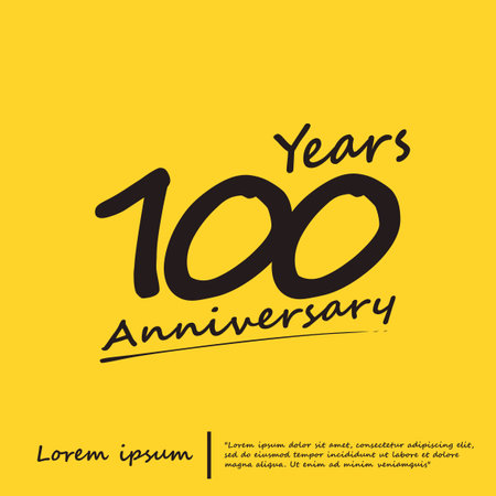 100th years anniversary celebration emblem logo isolated with line art - stroked handwriting on yellow background. vector illustrationのイラスト素材