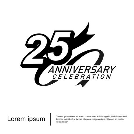 25th years anniversary celebration emblem. black logo isolated with ribbon on white background. vector illustrationのイラスト素材