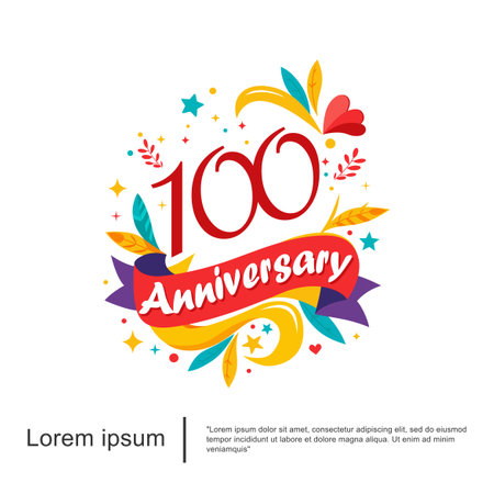 100th years anniversary celebration emblem logo isolated colorful and cheerful with leaves, ribbons and stars on white background. vector illustrationのイラスト素材