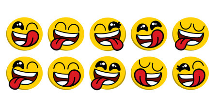 Set of smiling emoji icon. funny yummy face with mouth and tongue gourmet enjoying taste and hungry. delicious, happy yellow character isolated cartoons symbol -vectorのイラスト素材