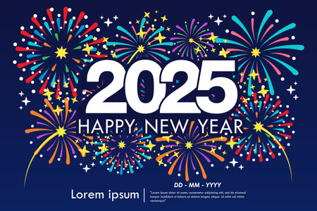 2025 Happy New Year celebration isolated with red ribbon, fireworks and sparklers. vector illustration template design for web, flyers, poster, invitation card or greeting cardのイラスト素材