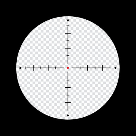 Realistic sniper scope crosshairs view. sniper sight with measurement marks. sniper scope template isolated on transparent background. rifle optical sight.のイラスト素材