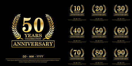 set of 10th-90th years anniversary celebration emblem. elegance golden anniversary laurel wreath awards logo isolated on black background. vector illustrationのイラスト素材