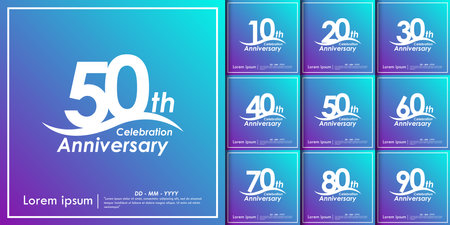 set of 10th-90th years anniversary celebration emblem. anniversary logo isolated with curve stroked - wave line on purple and blue gradient background. vector illustrationのイラスト素材