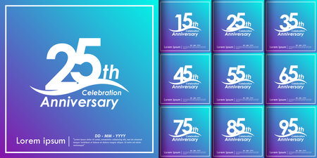 set of 15th-95th years anniversary celebration emblem. anniversary logo isolated with curve stroked - wave line on purple and blue gradient background. vector illustrationのイラスト素材