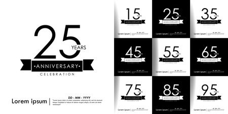 set of 15-95th years anniversary celebration emblem. black anniversary logo isolated with ribbon on white background. vector illustrationのイラスト素材