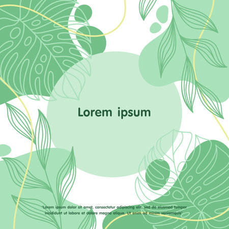 Minimalist abstract background with tropical leaves, floral and botanical elements. and hand drawn liquid organic shapes. pastel green colors. vector illustrationのイラスト素材