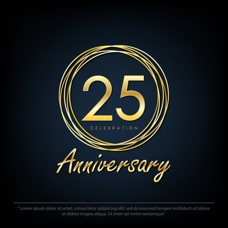 25th years anniversary celebration emblem. elegance golden anniversary logo isolated with rings on black background, vector illustration template design for web, flyers, greetingのイラスト素材