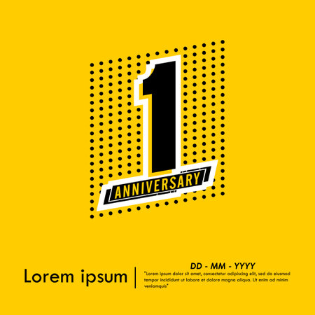 1st year anniversary celebration emblem. anniversary logo isolated with ribbon and polka dots pattern on yellow background. vector illustration templateのイラスト素材