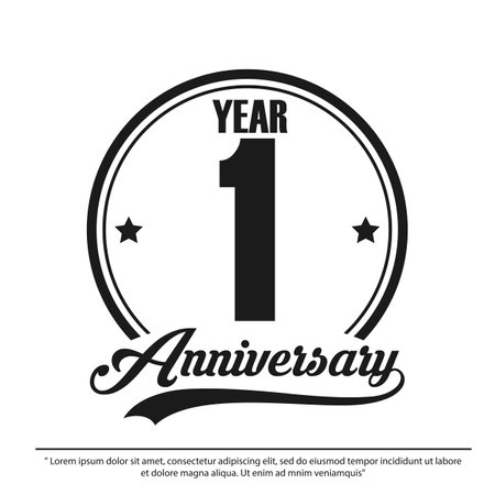 1st year anniversary celebration emblem. black and white anniversary logo stamp isolated with ribbon and laurel wreath. vector illustration template designのイラスト素材