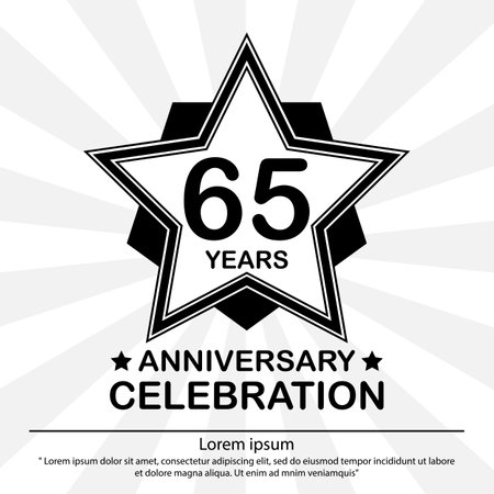 65th years anniversary celebration emblem. anniversary logo isolated with star and medal badge on white background. vector illustration template designのイラスト素材