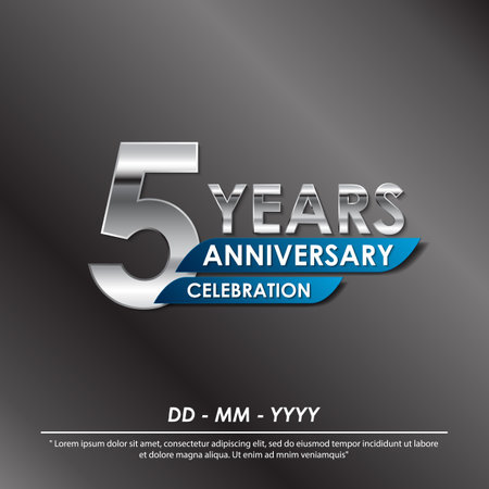 5th years anniversary celebration emblem. elegance silver anniversary logo isolated with blue ribbon. vector illustration template design for web, flyers, poster, greeting cardのイラスト素材