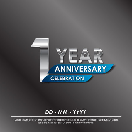 1st year anniversary celebration emblem. elegance silver anniversary logo isolated with blue ribbon. vector illustration template design for web, flyers, poster, greeting cardのイラスト素材