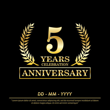 5th years anniversary celebration emblem. elegance golden anniversary logo isolated with laurel wreath award on black background. vector illustration template designのイラスト素材