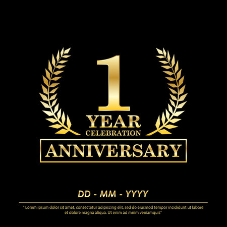 1st year anniversary celebration emblem. elegance golden anniversary logo isolated with laurel wreath award on black background. vector illustration template designのイラスト素材