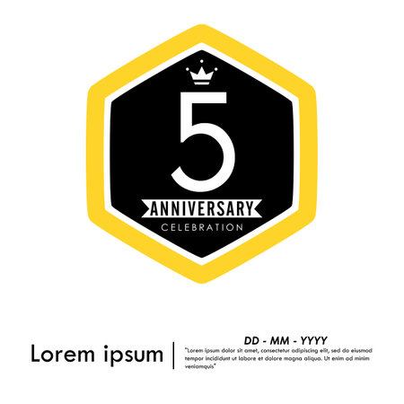 5th years anniversary celebration emblem. hexagon anniversary logo with ribbon. medal badge frame on white background. vector illustration template designのイラスト素材