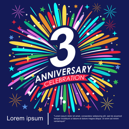3rd years anniversary celebration logo isolated with ribbon, stars and fireworks sparkle twinkle. vector illustration template designのイラスト素材