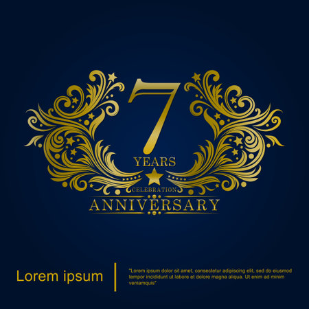 7th years elegant golden anniversary celebration emblem. anniversary logo isolated with brush-strokes rounded by ornate swirls and flourishes. vector illustration template designのイラスト素材