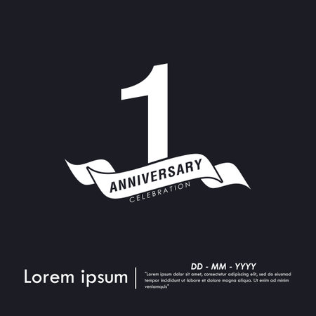 1st year anniversary celebration emblem. white anniversary logo isolated with ribbon on black background. monotone color. vector illustration template designのイラスト素材