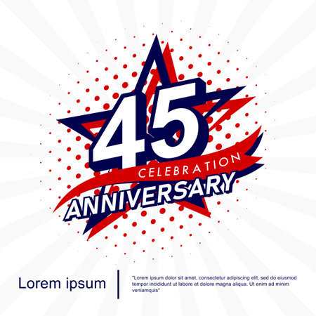 45th years anniversary celebration emblem. anniversary star logo isolated with red ribbon and star. vector illustration template design for web, flyers, poster, invitation cardのイラスト素材